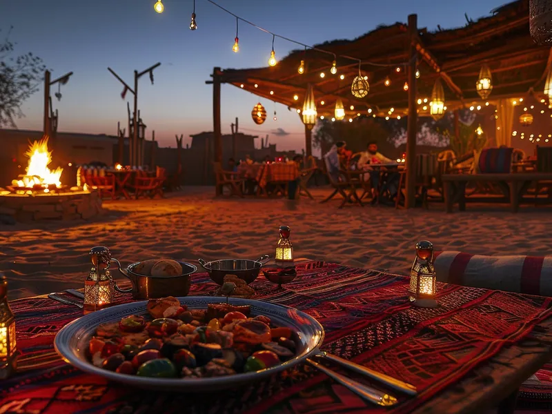 A Bedouin-style desert camp lit by lanterns at dusk