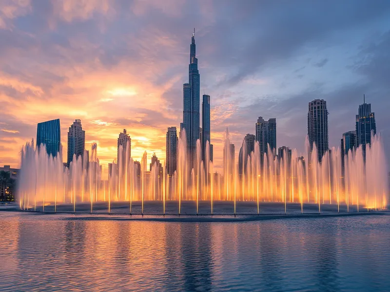 The Dubai Fountain jets lit at sunset in front of the downtown skyline