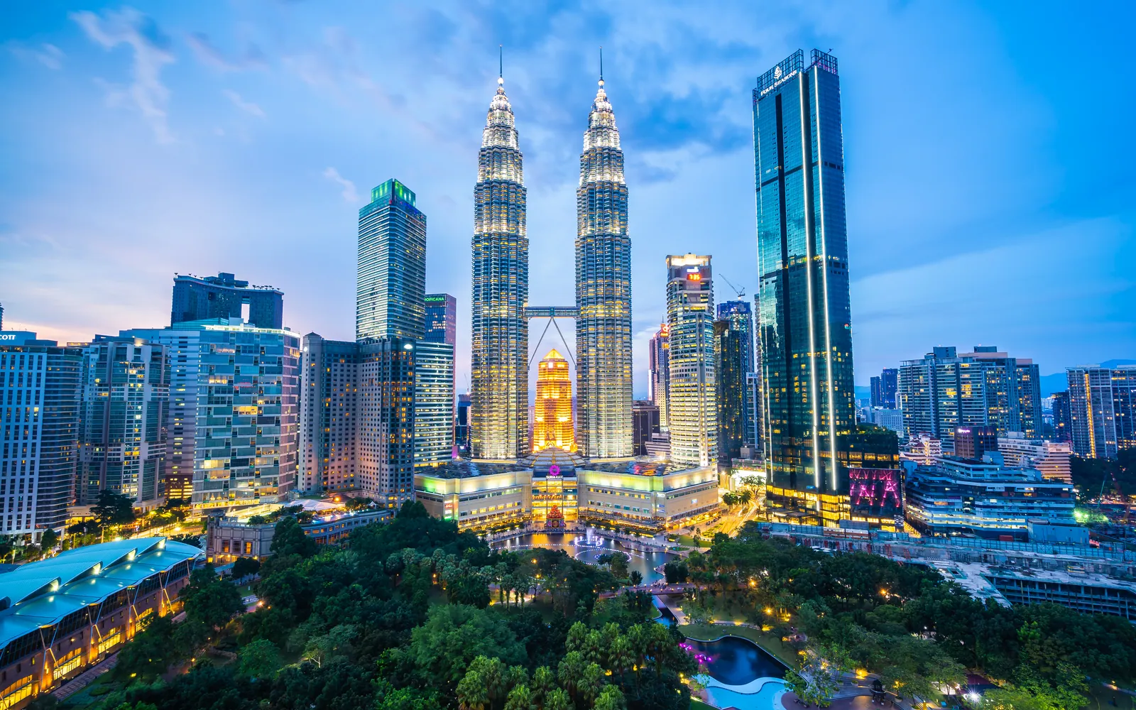 The Petronas Towers floodlit at night above the surrounding city