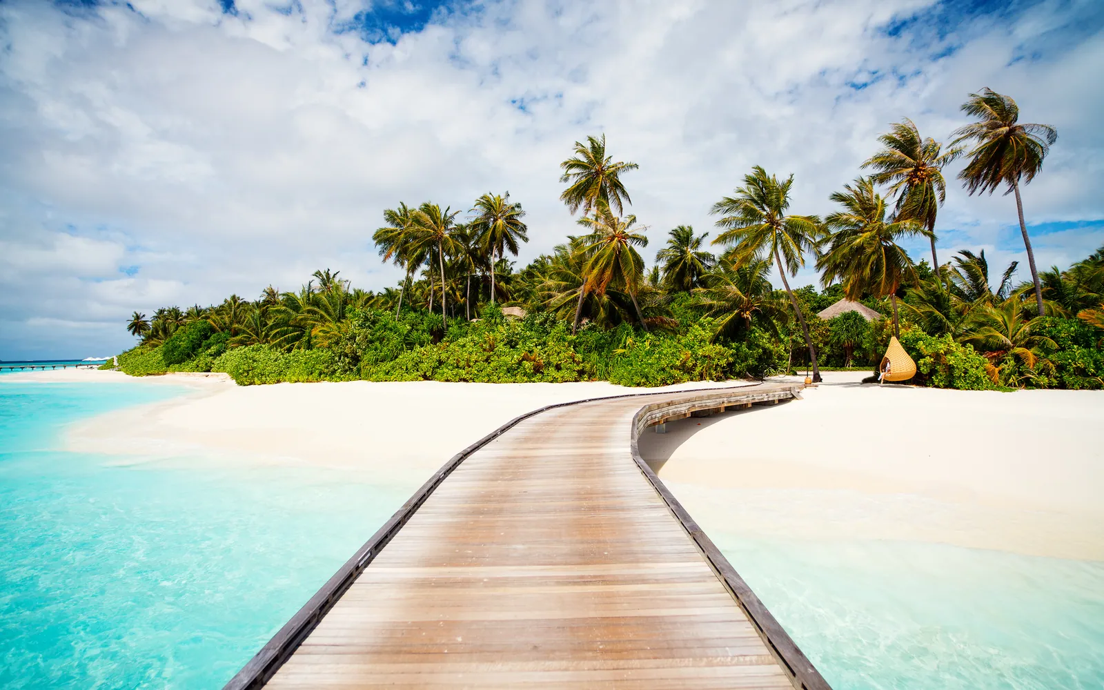 A wooden jetty running out from a palm-covered island over pale shallow water