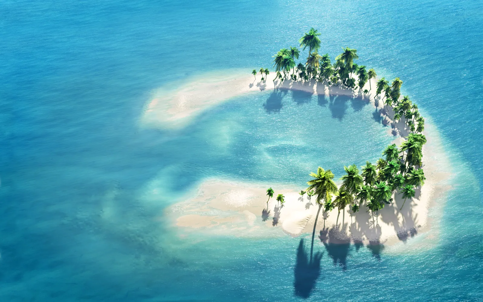 A small crescent of white sand with palms in the middle of a turquoise lagoon