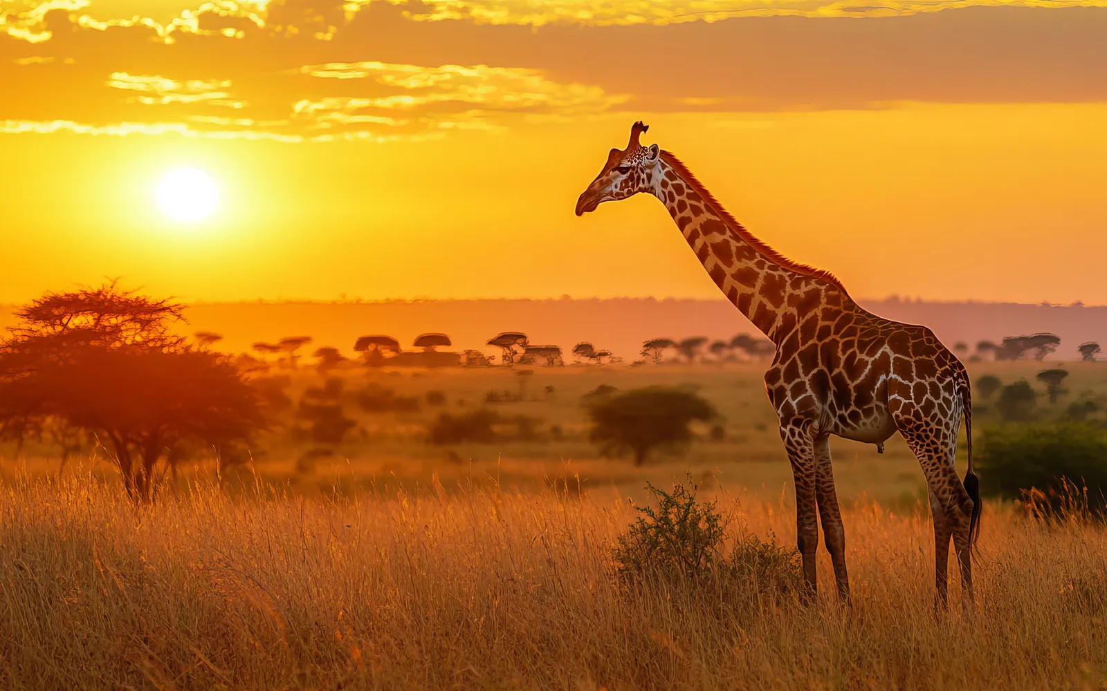 A giraffe standing against a deep orange sunset over the savannah