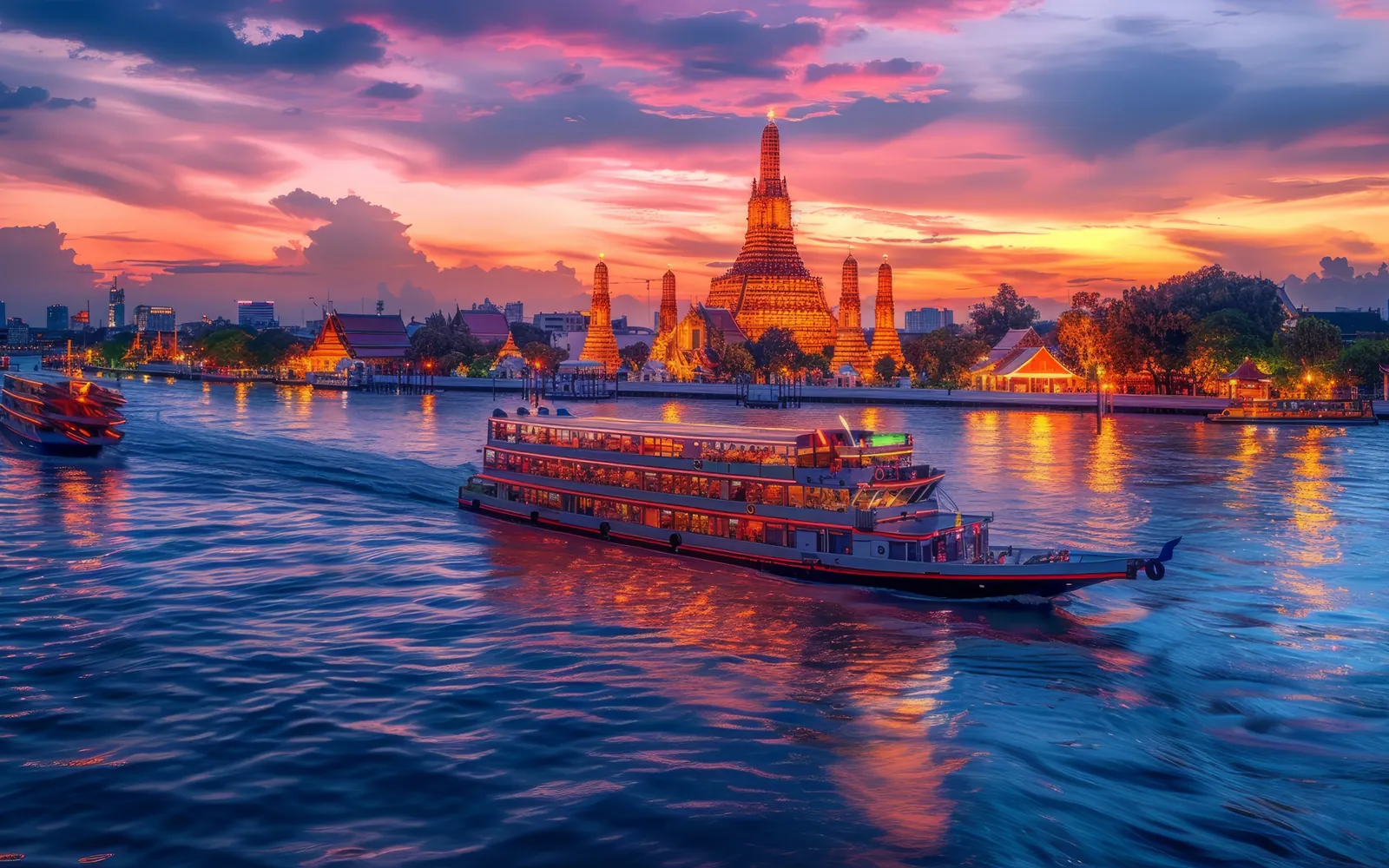 A river boat on the Chao Phraya at sunset with the spires of Wat Arun behind