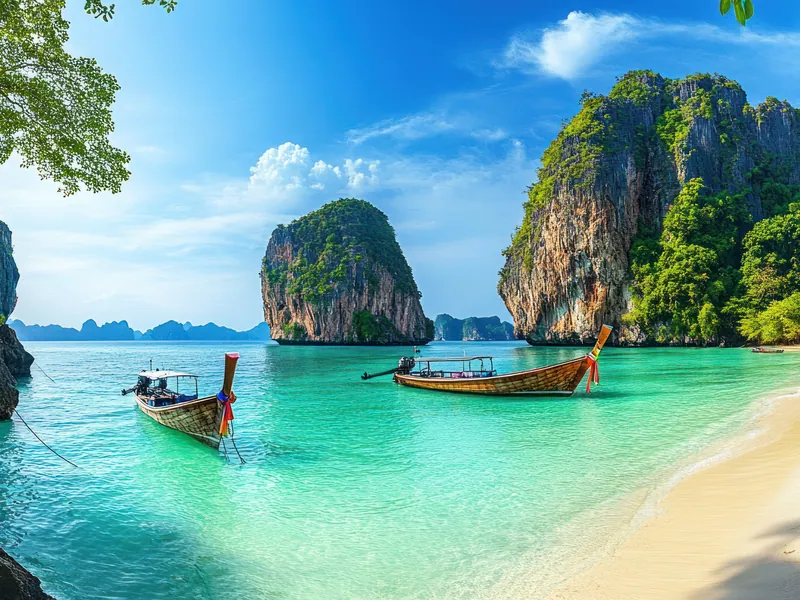 Longtail boats on clear water below a towering limestone island