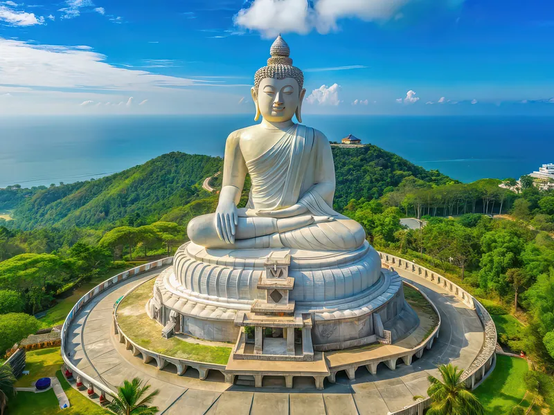 The white marble Big Buddha on its hilltop platform above Phuket