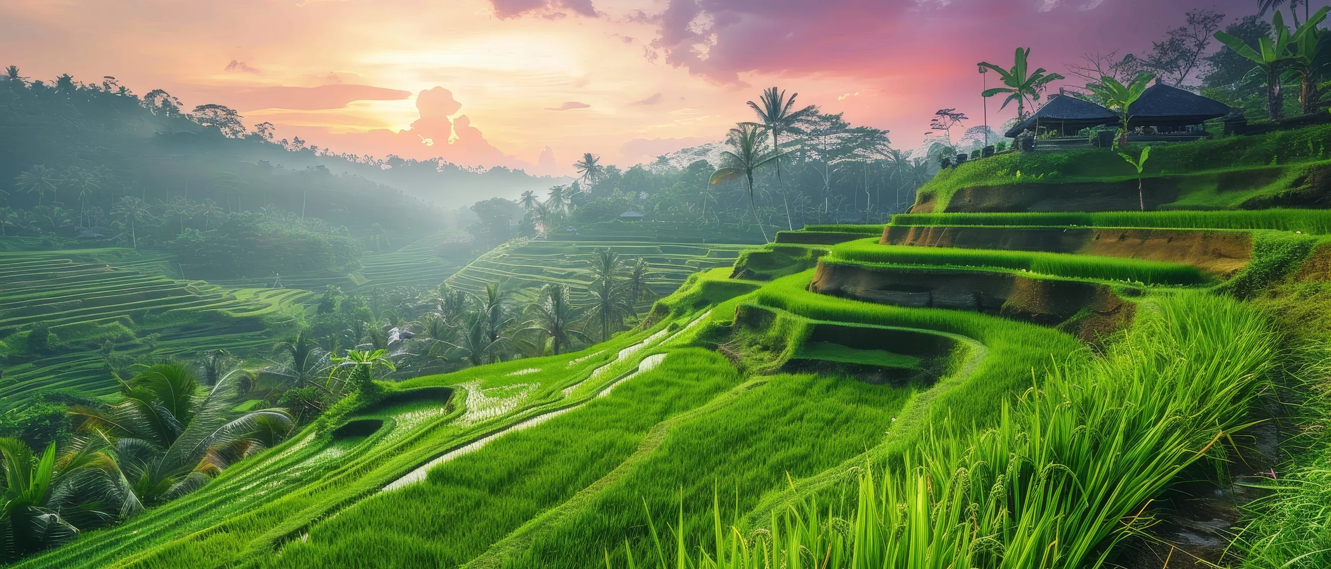 Terraced rice fields at dawn with palms and mist over the valley