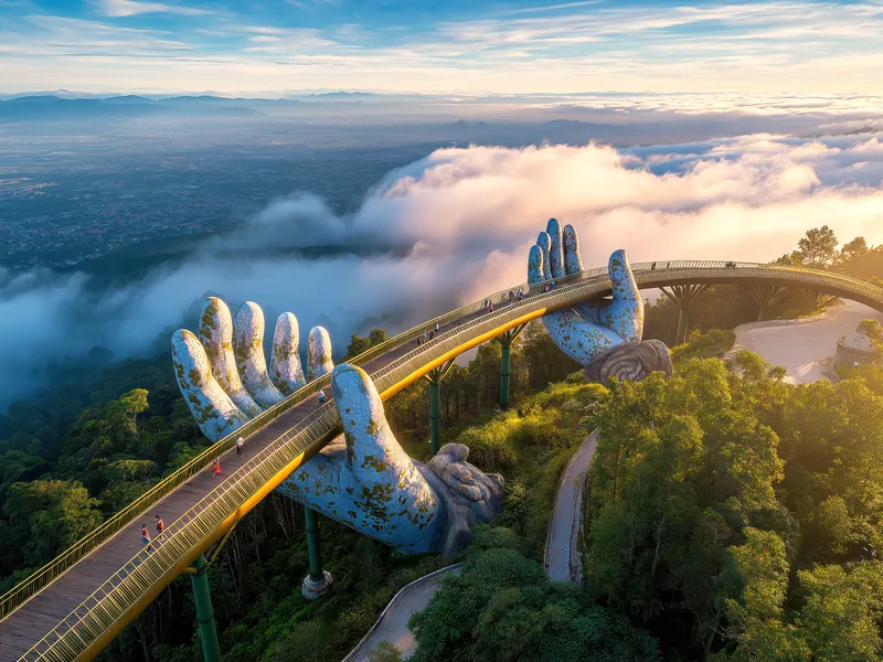 A golden bridge held up by two vast stone hands above forested hills