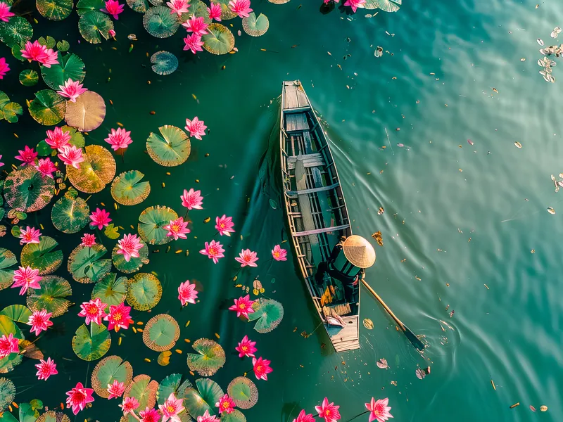 A boat among lotus pads and pink flowers on a lake in Hanoi