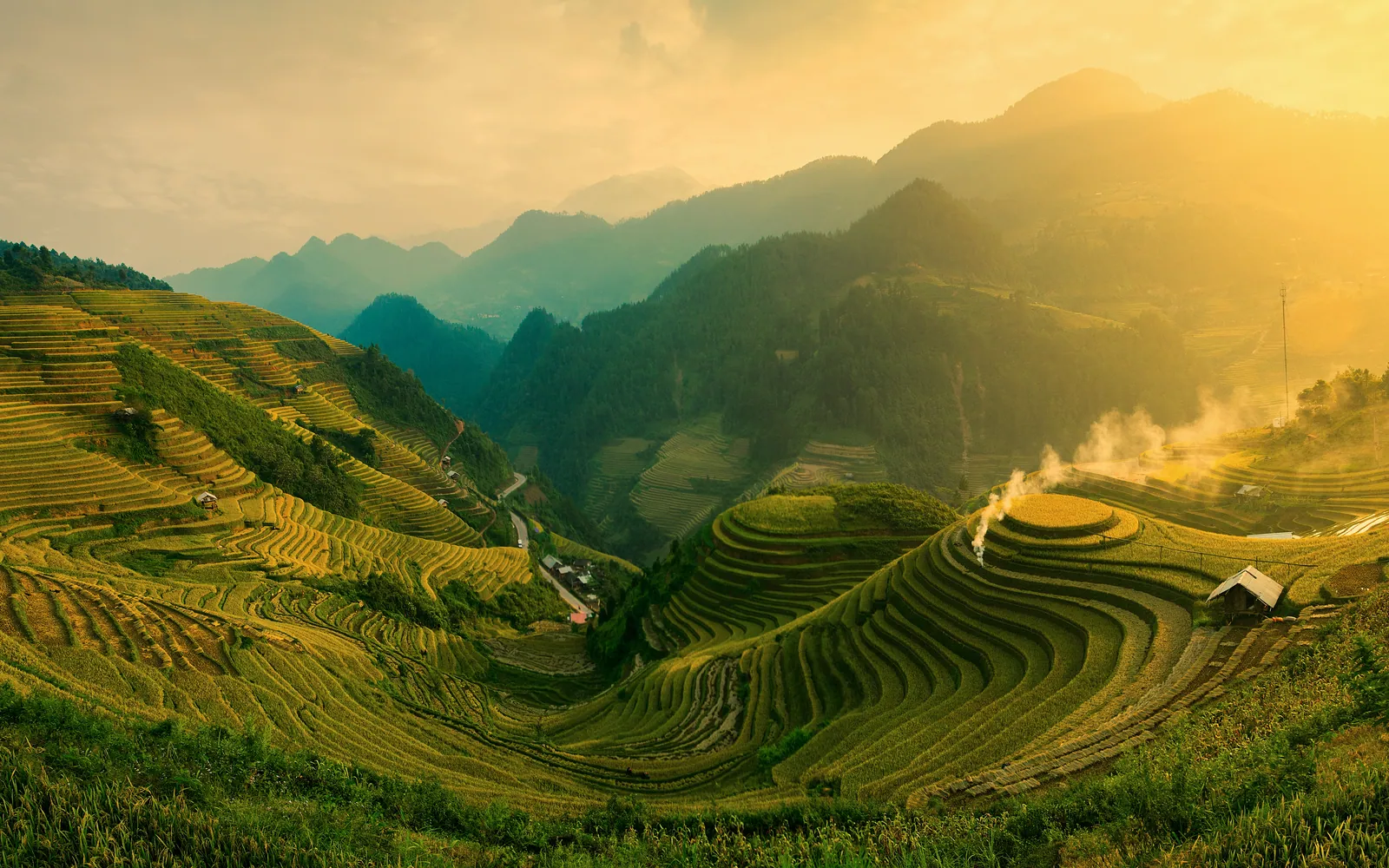 Terraced rice fields curving across a mountain valley in northern Vietnam